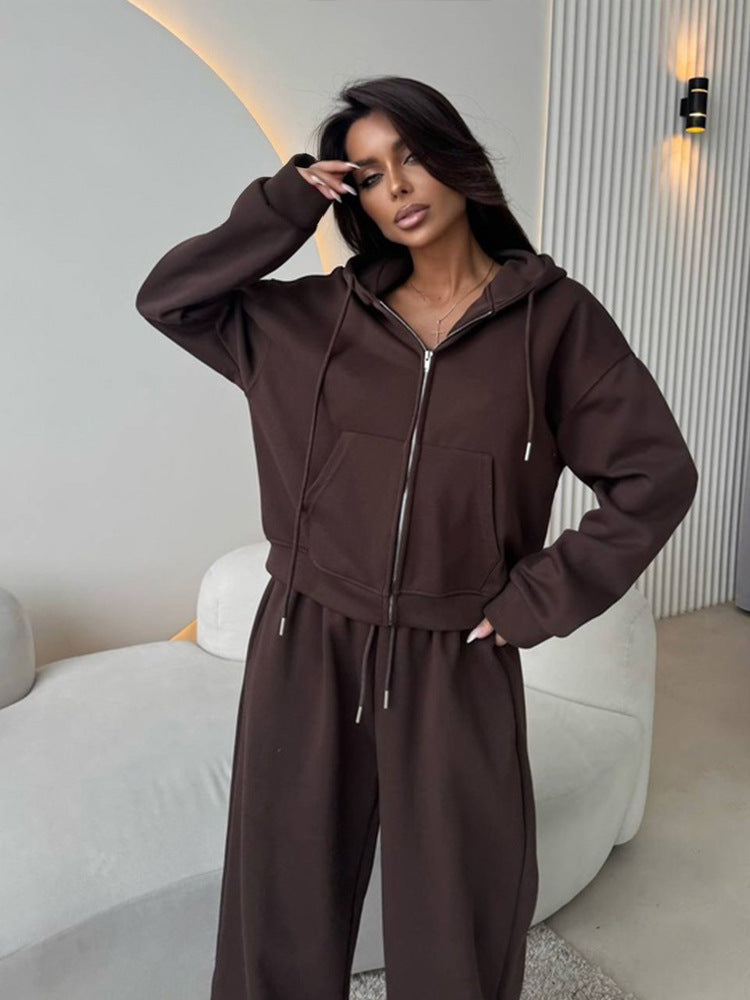 Long Sleeve Zipper Cardigan Hoodie Lace-up Trousers Two-piece Set