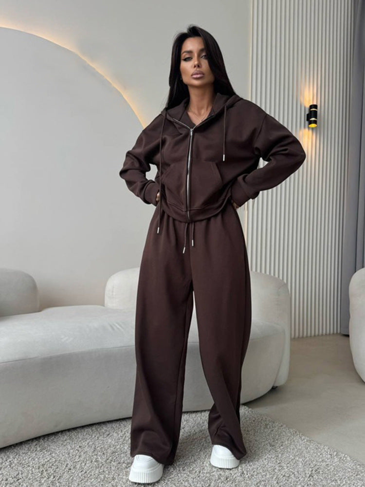 Long Sleeve Zipper Cardigan Hoodie Lace-up Trousers Two-piece Set