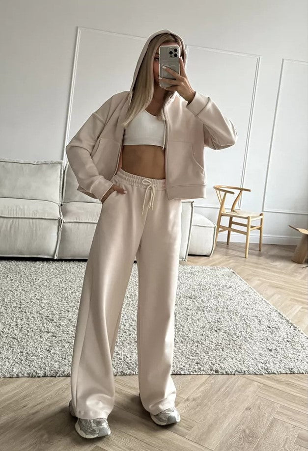 Long Sleeve Zipper Cardigan Hoodie Lace-up Trousers Two-piece Set
