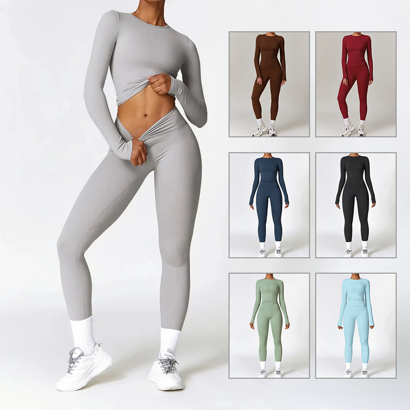 Tight-fitting Brushed Yoga Suit Quick-drying Fitness Clothes  Fitness Long Sleeve Tracksuits  High Waist Leggings Yoga Set