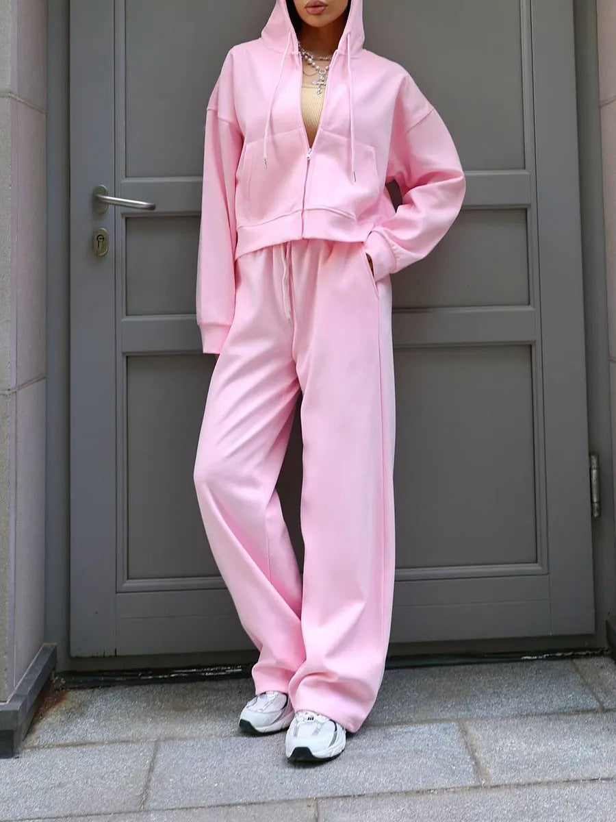 Long Sleeve Zipper Cardigan Hoodie Lace-up Trousers Two-piece Set