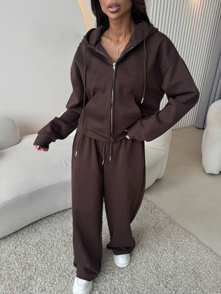 Long Sleeve Zipper Cardigan Hoodie Lace-up Trousers Two-piece Set