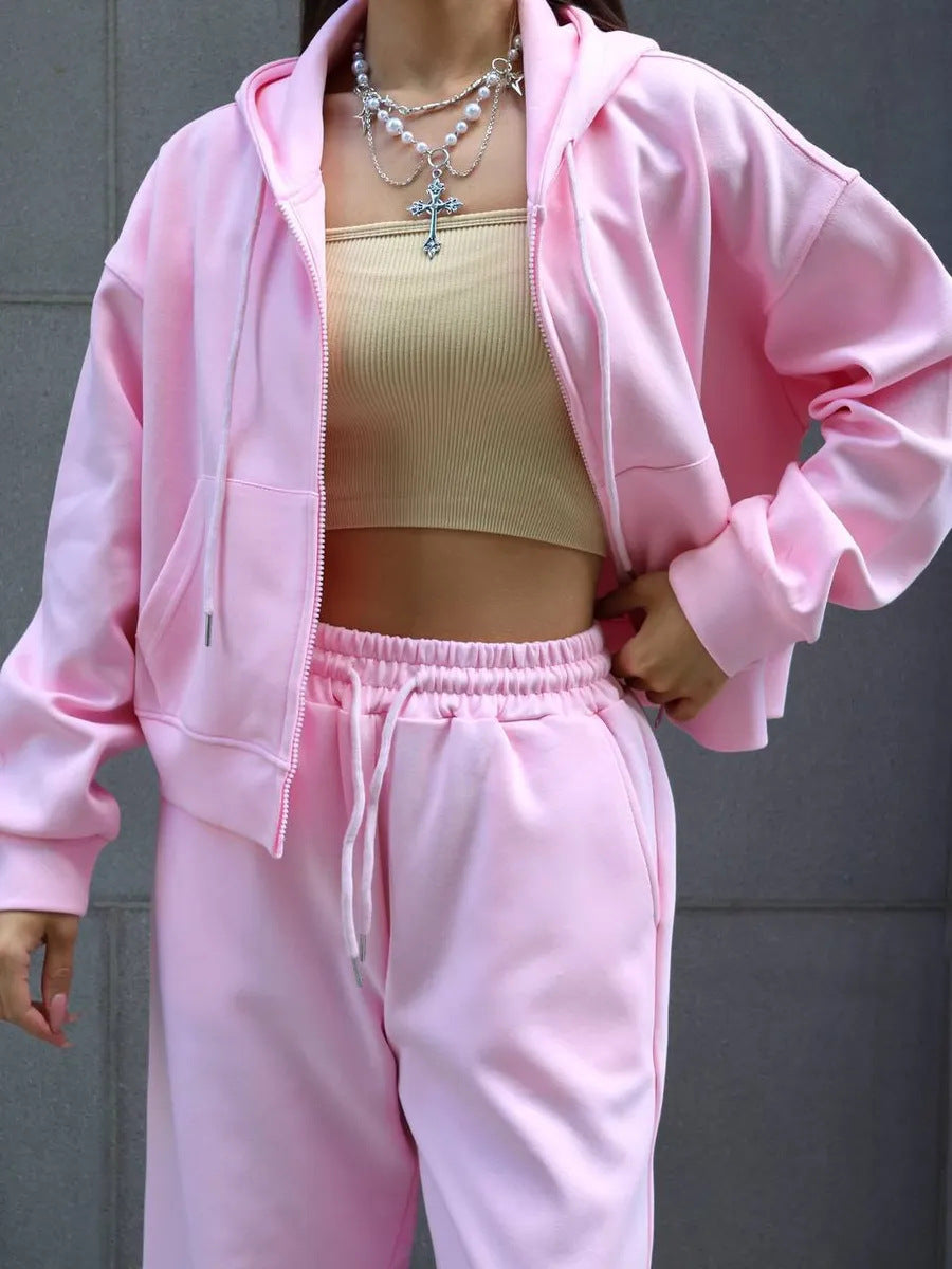 Long Sleeve Zipper Cardigan Hoodie Lace-up Trousers Two-piece Set