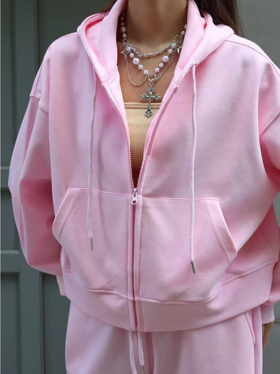 Long Sleeve Zipper Cardigan Hoodie Lace-up Trousers Two-piece Set