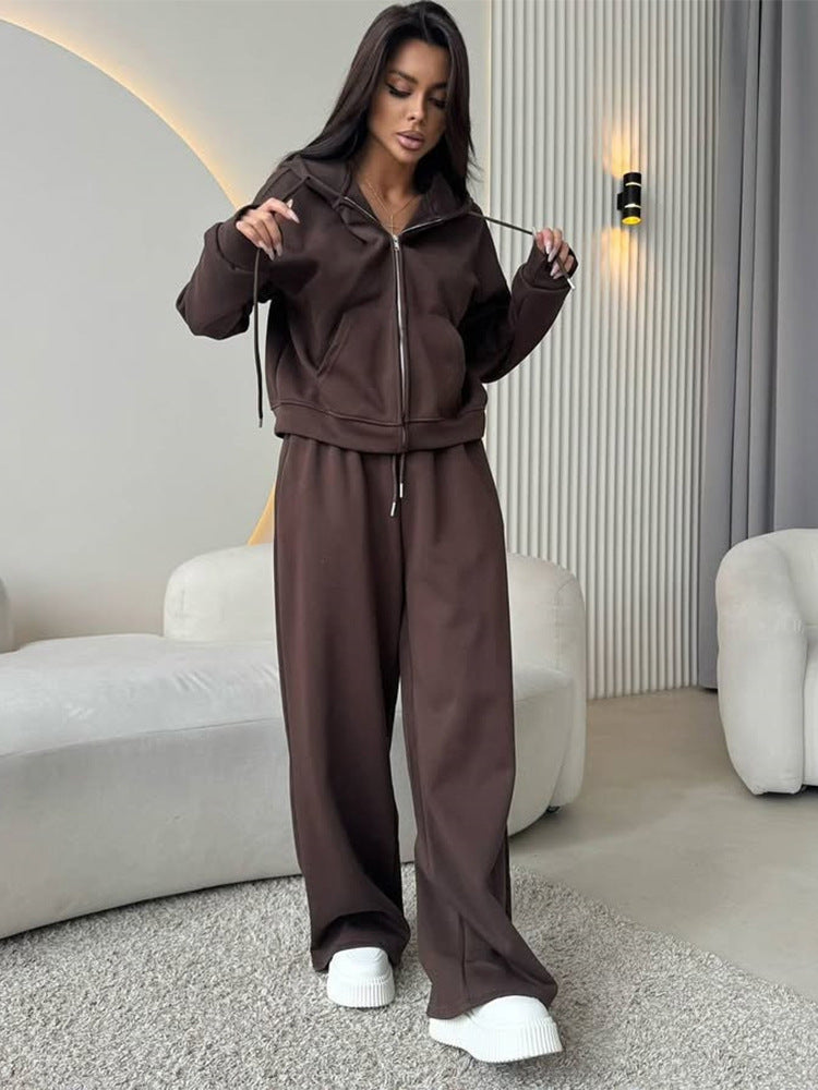 Long Sleeve Zipper Cardigan Hoodie Lace-up Trousers Two-piece Set